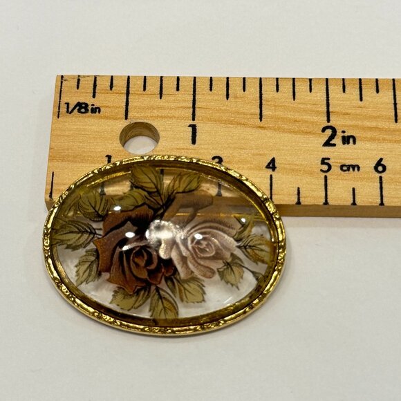 Vintage Oval Brooch Pin Clear Glass Flowers Roses - Picture 4 of 4